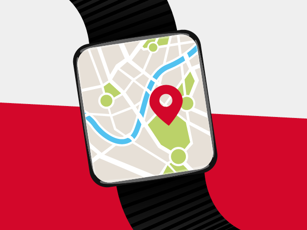 Älykellon GPS-karttanäkymä Kuvituskuva älykellosta ja sen GPS-karttanäkymästä
