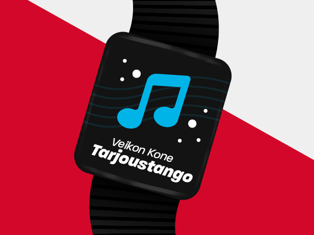 Kuvituskuva älykellosta ja toistettavasta kappaleesta näytöllä Kuvituskuva älykellosta, jonka näytöllä näkyy "Veikon Kone - Tarjoustango" kappale toistettavan