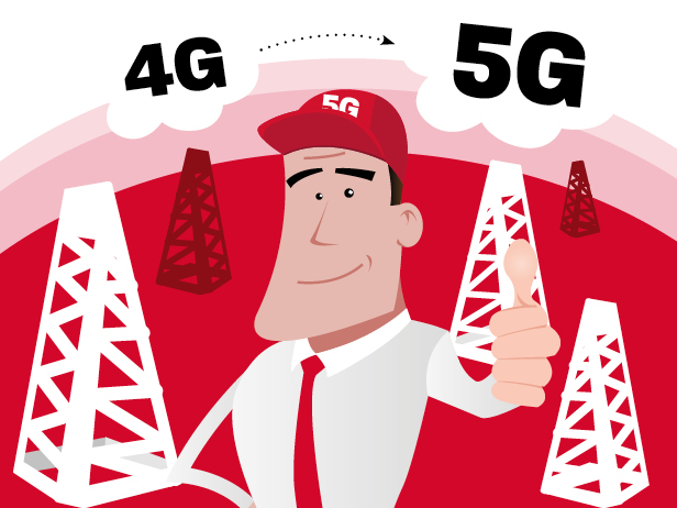 4G ja 5G yhteystekniikat Kuvituskuva, jossa Veikko -hahmo ja taustalla puhelintorneja sekä 4G ja 5G merkinnät.