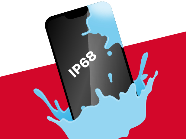 Puhelimen vedenkestävyys Kuvituskuva puhelimesta ja näytöllä näkyvästä IP68 merkinnästä