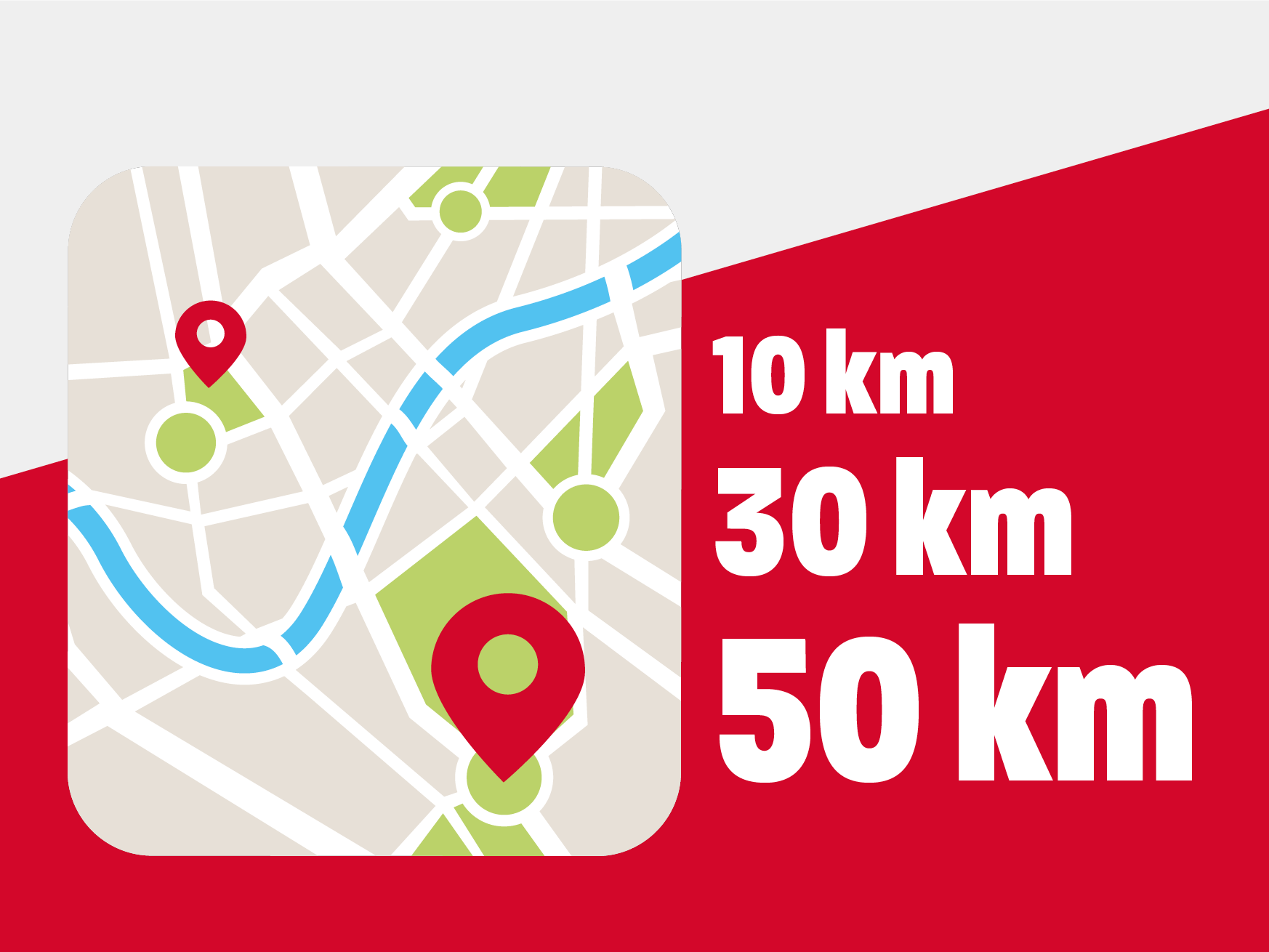 Sähköpotkulaudan toimintasäde Kuvituskuva kartasta. Kuvassa tekstis 10 km, 30 km ja 50 km